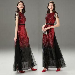Sleeveless Fringed Sequined A-line Evening Gown
