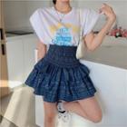 Cap-sleeve Lettering T-shirt / Patterned Denim Mini A-line Skirt
