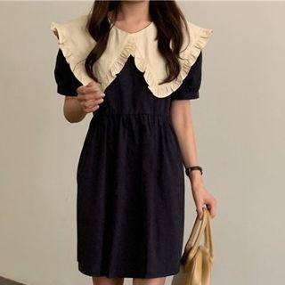 Short-sleeve Sailor Collar Smock Dress Navy Blue - One Size