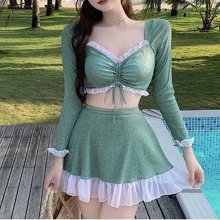 Set: Long Sleeve Frill Trim Swim Top + Swim Skirt