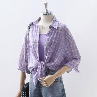 Set: Plaid Elbow-sleeve Blouse + Lettering Camisole Top