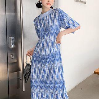 Elbow-sleeve Print Midi Shift Dress