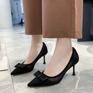 Pointed Mesh Bow Stiletto Pumps