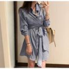 Long-sleeve Tie-waist Mini A-line Shirtdress Blue - One Size