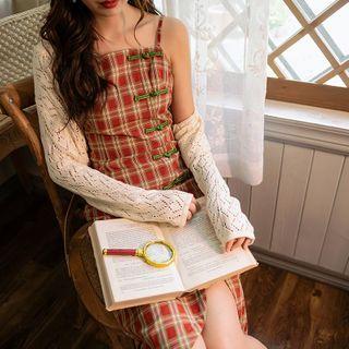 Spaghetti-strap Plaid Midi Sheath Dress / Cropped Pointelle Knit Cardigan