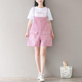 Set: Short-sleeve Star Embroidered T-shirt + Striped Jumper Shorts