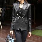 Faux Leather Double-breasted Blazer
