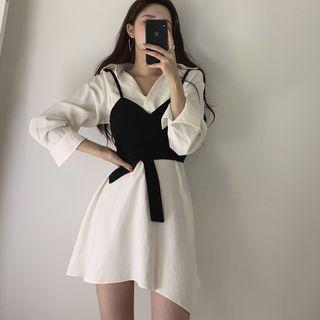 Set: Long-sleeve A-line Collared Dress + Camisole Top
