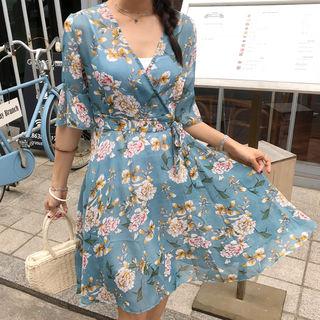 Floral Chiffon Surplice-wrap Dress With Sash