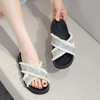Sequined Cross Strap Slide Sandals
