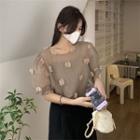 Puff-sleeve Flower Detail Blouse Coffee - One Size