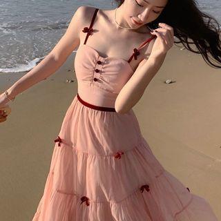 Spaghetti Strap Bow Mesh Midi A-line Dress