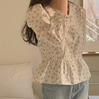 Buttoned Floral Peplum Blouse Blue - One Size