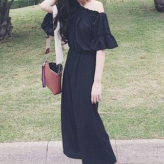 Plain Off Shoulder Elbow Sleeve Wide Leg Jumpsuit