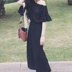 Plain Off Shoulder Elbow Sleeve Wide Leg Jumpsuit