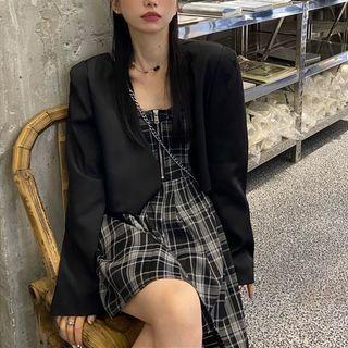 Crop Blazer / Spaghetti Strap Plaid A-line Dress