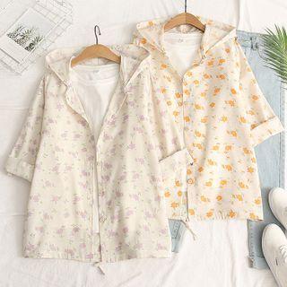 Floral Print Hooded Elbow Sleeve Jacket