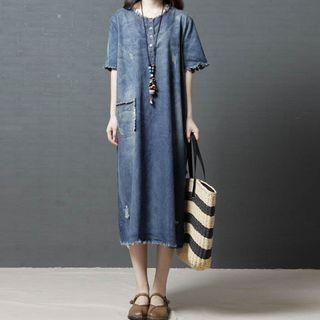 Denim Short-sleeve A-line Midi Dress