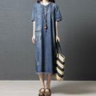 Denim Short-sleeve A-line Midi Dress