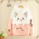 Cat Printed Color-block Hoodie With Front Pocket