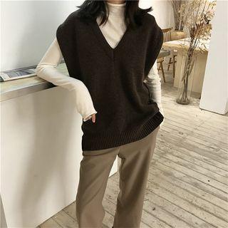 Plain Knit Vest / Plain Turtleneck Long-sleeve Top