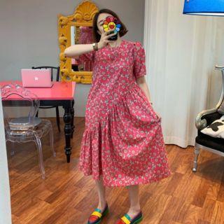 Printed Short-sleeve Midi A-line Dress / Rabbit Vest