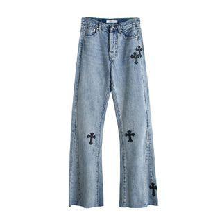 High-waist Cross Applique Boot-cut Jeans