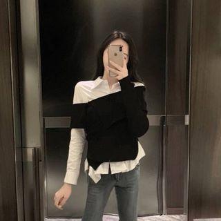 Plain Long-sleeve Slim-fit Shirt / Irregular Knit Top