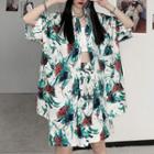 Set: Elbow-sleeve Print Shirt + Shorts Red & Green & White - One Size