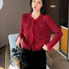 Plain Frayed Long-sleeve Jacket Red - One Size