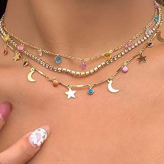 Set Of 3: Moon & Star Acrylic / Rhinestone / Faux Crystal Alloy Necklace 2803 - Set - Gold - One Size