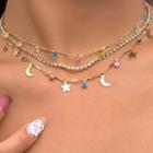 Set Of 3: Moon & Star Acrylic / Rhinestone / Faux Crystal Alloy Necklace 2803 - Set - Gold - One Size