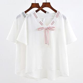 Short-sleeve Bow V-neck Top