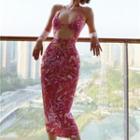 Spaghetti-strap Halter Print Cutout Sheath Dress