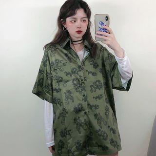 Elbow-sleeve Dragon Printed Satin Shirt