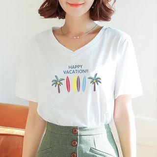 Short-sleeve V-neck Palm Tree Print T-shirt