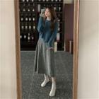 Pointelle Knit Cardigan / Floral Print Midi A-line Skirt