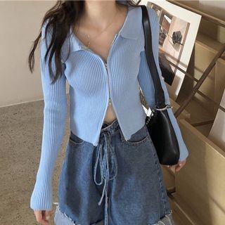 Ribbed Zip-up Polo Knit Top