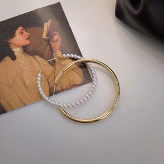 Asymmetrical Faux Pearl Open Hoop Earring 1 Pair - 925silver Earring - Silver - One Size