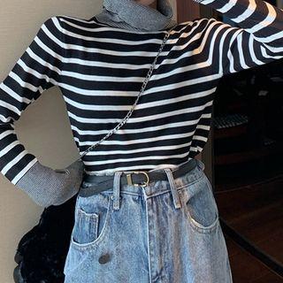 Turtleneck Stripe Panel Knit Top
