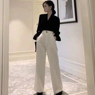 Set: Long-sleeve Plain Velvet Blouse + High-waist Plain Wide-leg Pants