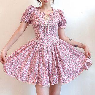 Short-sleeve Floral Print Tie-front Mini A-line Dress