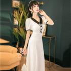 Short-sleeve V-neck Bow Color-block Midi Dress