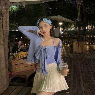 Bow Accent Cropped Camisole / Long-sleeve Frill Trim Cardigan