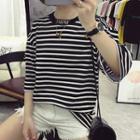 Letter Embroidered Striped 3/4 Sleeve T-shirt