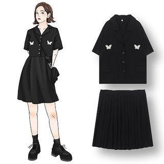 Butterfly Embroidered Short-sleeve Blouse / Mini A-line Pleated Skirt