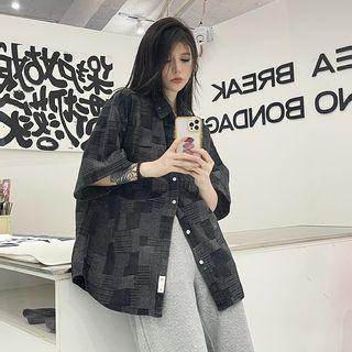 Elbow-sleeve Plaid Denim Jacket