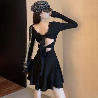 Lace Trim Bow-back Ribbed A-line Dress