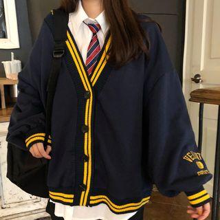 Contrast Trim Cardigan / Shirt With Tie