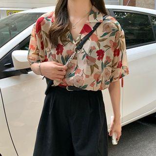 Short-sleeve Floral Printed Shirt Almond - One Size